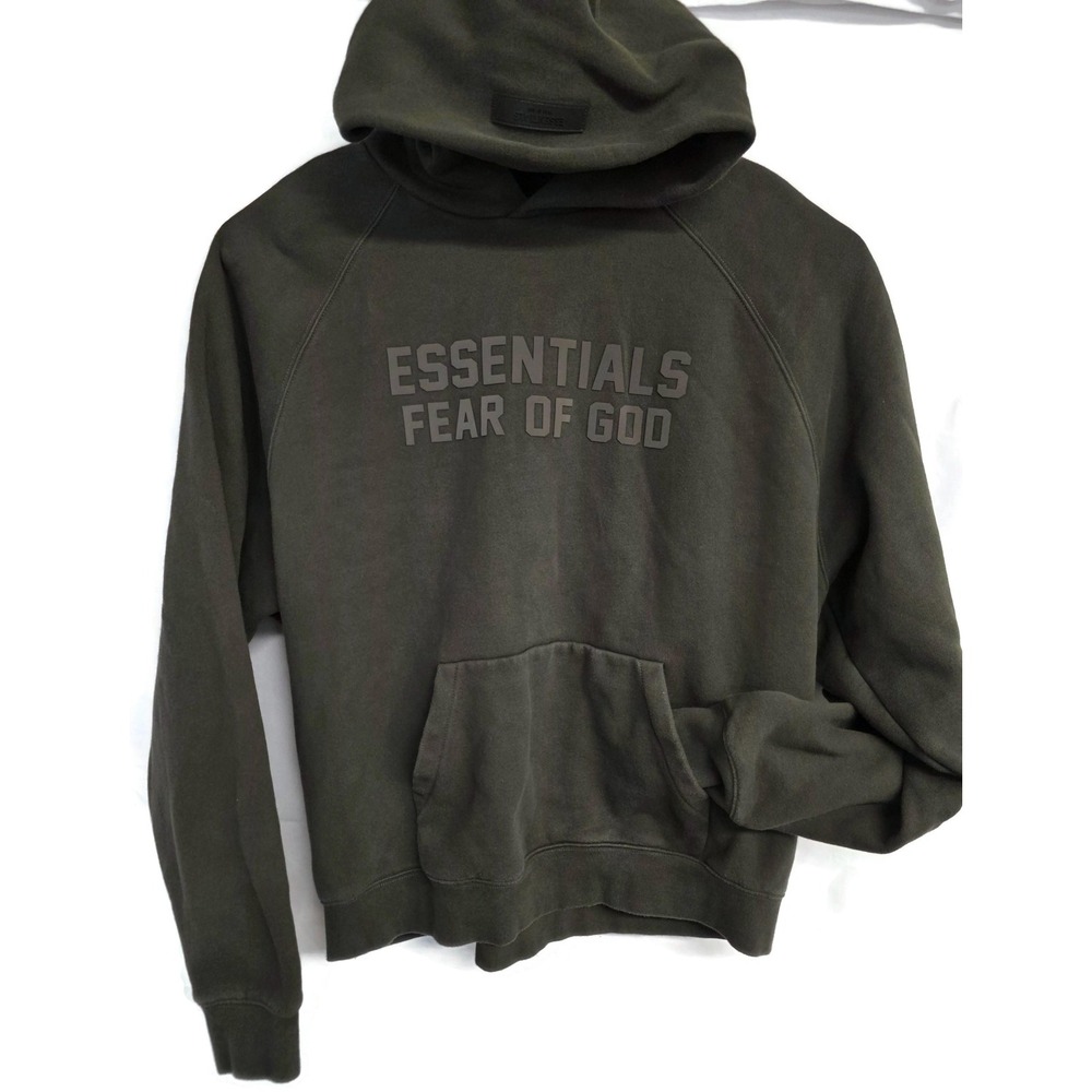 Fear of God Essentials Hoodie Mens Large Dark Green Pullover Raised Logo Logo